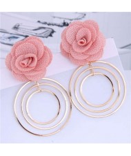 Cloth Rose Golden Hoops Design Women Fashion Hoop Alloy Earrings - Pink