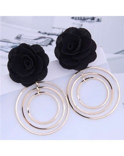 Cloth Rose Golden Hoops Design Women Fashion Hoop Alloy Earrings - Black