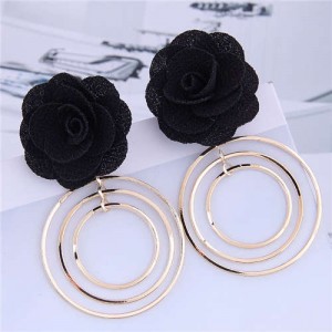 Cloth Rose Golden Hoops Design Women Fashion Hoop Alloy Earrings - Black