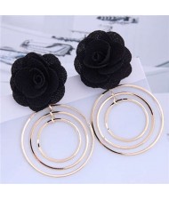 Cloth Rose Golden Hoops Design Women Fashion Hoop Alloy Earrings - Black