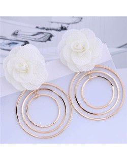 Cloth Rose Golden Hoops Design Women Fashion Hoop Alloy Earrings - White