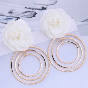 Cloth Rose Golden Hoops Design Women Fashion Hoop Alloy Earrings - White