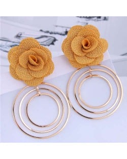 Cloth Rose Golden Hoops Design Women Fashion Hoop Alloy Earrings - Yellow