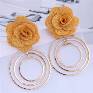 Cloth Rose Golden Hoops Design Women Fashion Hoop Alloy Earrings - Yellow