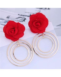 Cloth Rose Golden Hoops Design Women Fashion Hoop Alloy Earrings - Red