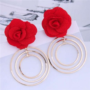 Cloth Rose Golden Hoops Design Women Fashion Hoop Alloy Earrings - Red