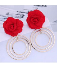 Cloth Rose Golden Hoops Design Women Fashion Hoop Alloy Earrings - Red