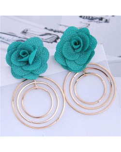 Cloth Rose Golden Hoops Design Women Fashion Hoop Alloy Earrings - Green