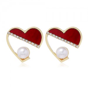 Rhinestone and Artificial Pearl Embellished Cute Heart Design Korean Fashion Women Earrings - Red