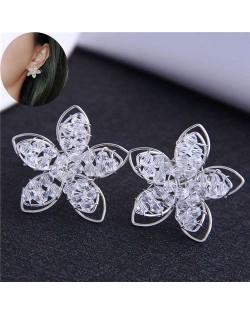 Three-dimensional Crystal Flower Design Women Stud Earrings - Silver