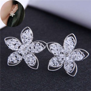 Three-dimensional Crystal Flower Design Women Stud Earrings - Silver