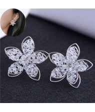 Three-dimensional Crystal Flower Design Women Stud Earrings - Silver