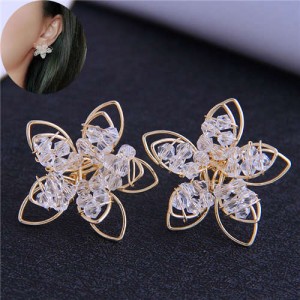 Three-dimensional Crystal Flower Design Women Stud Earrings - Golden