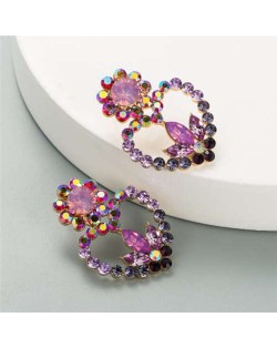 Rhinestone Flowers Heart Design Violet Fashion Women Stud Earrings