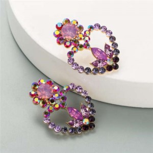 Rhinestone Flowers Heart Design Violet Fashion Women Stud Earrings