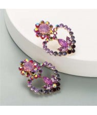 Rhinestone Flowers Heart Design Violet Fashion Women Stud Earrings
