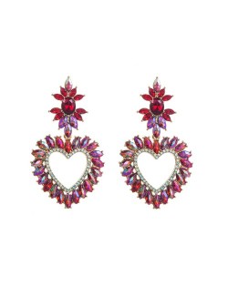 Rhinestone Embellished Sweet Heart Design Korean Fashion Women Earrings - Red