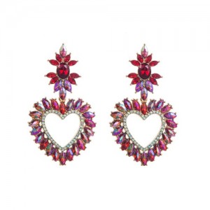 Rhinestone Embellished Sweet Heart Design Korean Fashion Women Earrings - Red