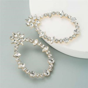 Rhinestone Oval Hoop Shining Floral Fashion Women Earrings - White
