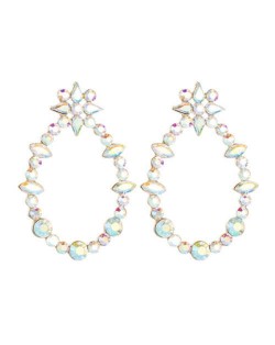 Rhinestone Oval Hoop Shining Floral Fashion Women Earrings - Luminous White