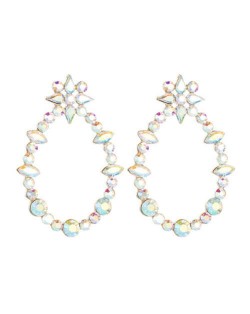 Rhinestone Oval Hoop Shining Floral Fashion Women Earrings - Luminous White