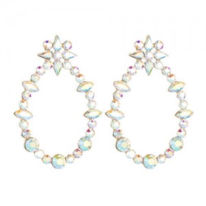 Rhinestone Oval Hoop Shining Floral Fashion Women Earrings - Luminous White