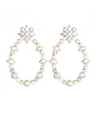 Rhinestone Oval Hoop Shining Floral Fashion Women Earrings - Luminous White