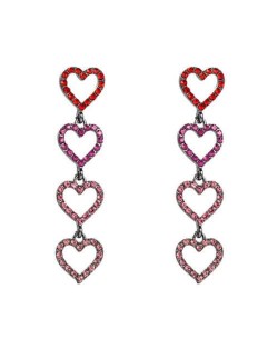 Rhinestone Dangling Hearts Design Korean Fashion Women Earrings - Red