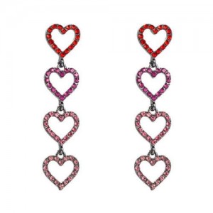 Rhinestone Dangling Hearts Design Korean Fashion Women Earrings - Red
