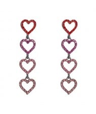 Rhinestone Dangling Hearts Design Korean Fashion Women Earrings - Red