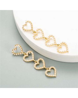 Rhinestone Dangling Hearts Design Korean Fashion Women Earrings - Pearl