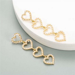 Rhinestone Dangling Hearts Design Korean Fashion Women Earrings - Pearl