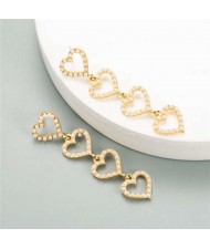 Rhinestone Dangling Hearts Design Korean Fashion Women Earrings - Pearl