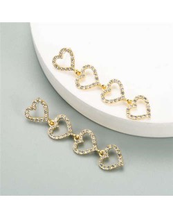 Rhinestone Dangling Hearts Design Korean Fashion Women Earrings - Golden