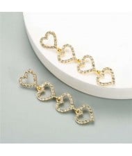 Rhinestone Dangling Hearts Design Korean Fashion Women Earrings - Golden