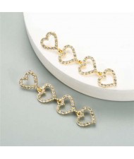 Rhinestone Dangling Hearts Design Korean Fashion Women Earrings - Golden