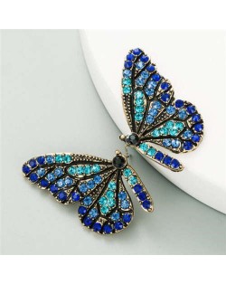 U.S.and European High Fashion Rhinestone Inlaid Butterfly Design Women Stud Earrings - Blue