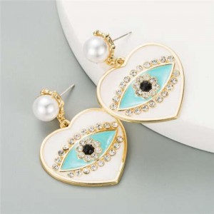 Rhinestone Embellished Creative Eye in the Heart Design U.S. Fashion Women Earrings - White