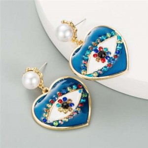 Rhinestone Embellished Creative Eye in the Heart Design U.S. Fashion Women Earrings - Blue