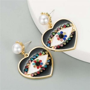 Rhinestone Embellished Creative Eye in the Heart Design U.S. Fashion Women Earrings - Black