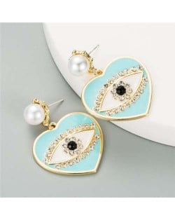 Rhinestone Embellished Creative Eye in the Heart Design U.S. Fashion Women Earrings - Teal