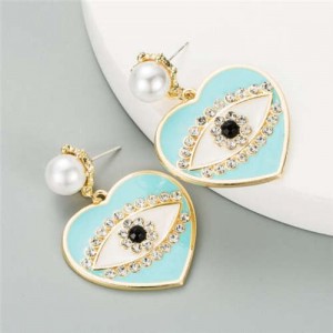Rhinestone Embellished Creative Eye in the Heart Design U.S. Fashion Women Earrings - Teal