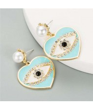 Rhinestone Embellished Creative Eye in the Heart Design U.S. Fashion Women Earrings - Teal