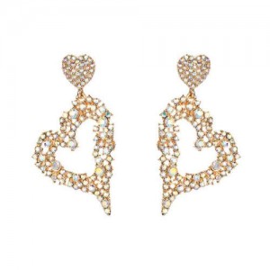 Exaggerating Heart Design Shining Rhinestone Women Fashion Stud Earrings - Golden