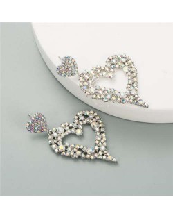 Exaggerating Heart Design Shining Rhinestone Women Fashion Stud Earrings - Silver