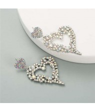 Exaggerating Heart Design Shining Rhinestone Women Fashion Stud Earrings - Silver