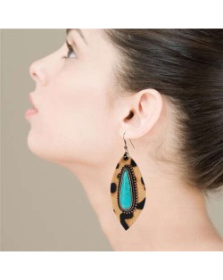 Artificial Turquoise Inlaid Leopard Prints Leaves Design Leather Women Earrings - Brown