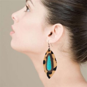 Artificial Turquoise Inlaid Leopard Prints Leaves Design Leather Women Earrings - Brown