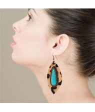 Artificial Turquoise Inlaid Leopard Prints Leaves Design Leather Women Earrings - Brown