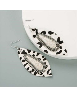 Artificial Turquoise Inlaid Leopard Prints Leaves Design Leather Women Earrings - White